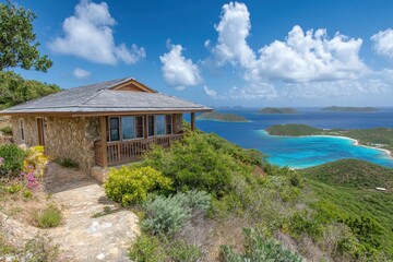 Scenic Coastal View from a Hillside Cottage Overlooking Vibrant Blue Waters and Lush Green Hills, Ideal for Travel, Nature, and Relaxation Themes