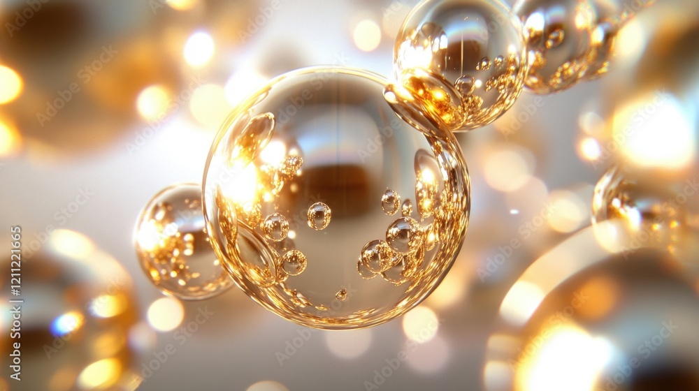 Poster bubbles in shimmering gold hues swirl through a soft, abstract light, capturing reflections and form