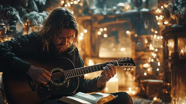 A Man and His Music: A lone figure sits in a candlelit space, his long hair framing a face of concentration as he plays a soulful melody on a six-string guitar.