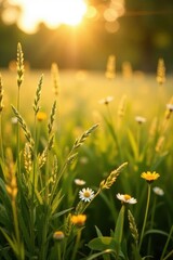 Golden Hour Meadow Delicate wildflowers and tall grasses bathed in the warm glow of the setting sun, creating a peaceful and serene natural landscape.