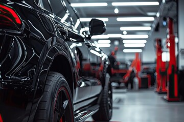 Fototapeta premium Car repair in the garage, car service and workshop concept, with a focus on a black luxury under construction or the replacement of tires at the mechanics' station