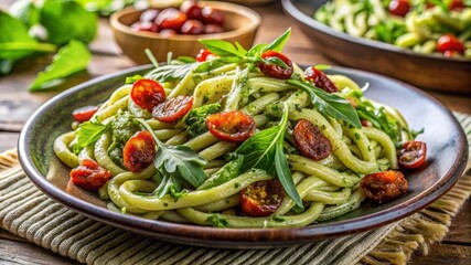 Delicious arugula pesto pasta with sundried tomatoes a culinary delight in your kitchen