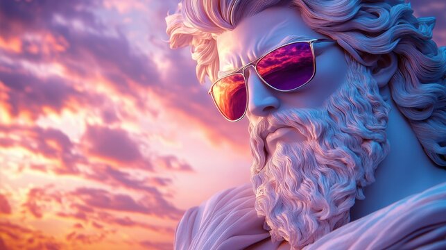 Stylish marble statue with sunglasses against vibrant sunset sky