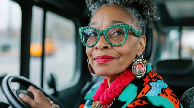 Confident woman navigates city bus through busy streets under bright daylight, showcasing her dedication as a public transport driver