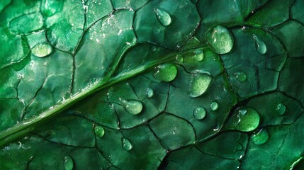 Fototapeta premium fresh produce macro study, water-jeweled spinach leaves, rich chlorophyll hues, natural leaf overlap, glistening moisture details, organic pattern formation, pure ingredient photography, market-fresh
