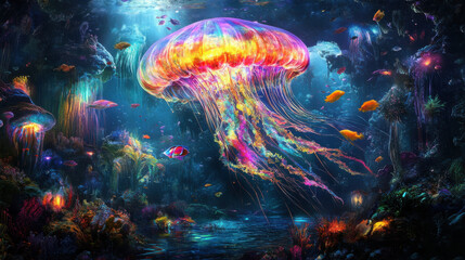 A surreal underwater dreamscape with a massive crystal-like jellyfish pulsating with vibrant rainbow hues