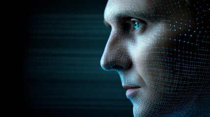 Intriguing portrait, man with blue face against a black background mysterious