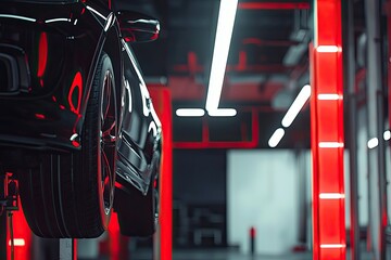 Fototapeta premium Car repair shop with a car on a lift, a black and red color palette, soft lighting, and a blurred background of white garage walls