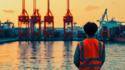 Worker in Safety Vest at Shipping Terminal at Sunset