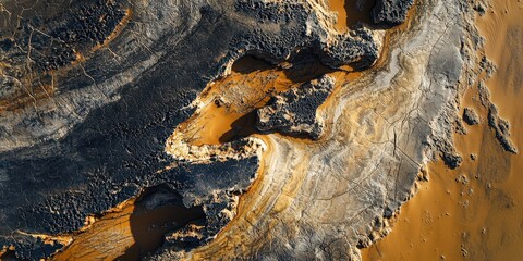 Scenic aerial view of a desert landscape with sand dunes and dramatic shadows