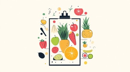 healthy eating planner art, modern clipboard graphic, stylized produce illustrations, geometric food elements, fresh ingredient motifs, organic shape design, minimalist food icons, contemporary