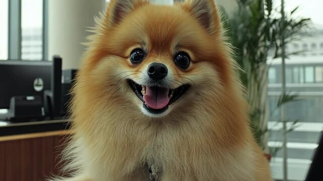 Happy pomeranian dog sitting in an office during the daytime, enjoying a relaxed moment with a bright smile