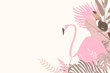 Pink botanical background with tropical leaves and flamingo and toucan birds
