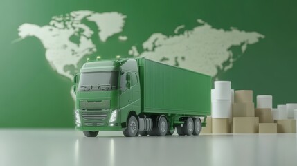Green truck and world map, representing global delivery logistics green