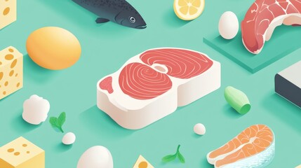 healthy protein sources layout, isometric food vector, meat and fish illustrations, geometric egg design, shrimp graphic element, mint platform display, clean vector style, soft color palette, modern