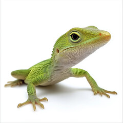 Fototapeta premium Green anole lizard on a white background with detailed skin texture