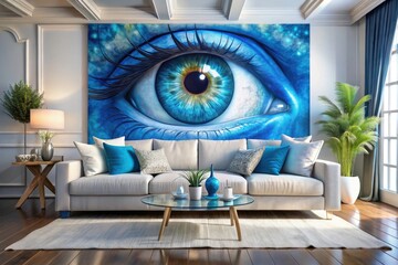 Surreal Living Room Interior Design: Oversized Blue Eye Wall Art, White Sofa, Blue Cushions