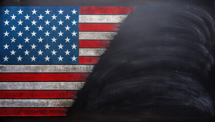 Chalkboard USA flag drawing with chalk dust accents and empty slate space