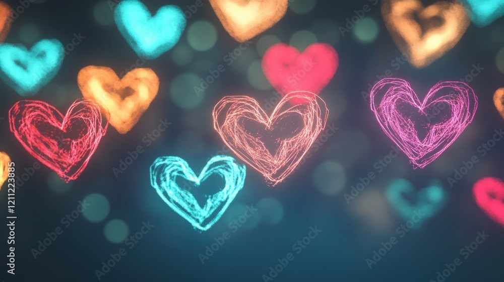 Poster brightly colored heart icons illuminate a dark backdrop, creating an enchanting atmosphere filled wi