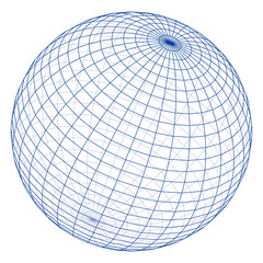3D wireframe sphere with blue grid lines on a white background.