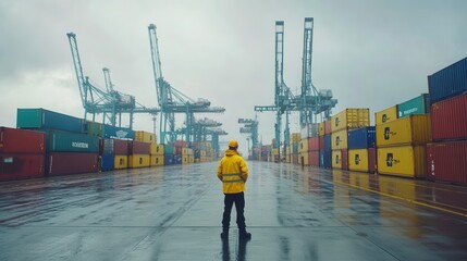 Worker on Pier Surrounded by Cranes and Containers
