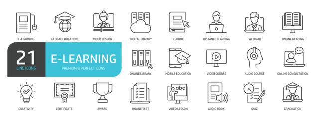 Set of line icons related to e-learning, education, online school, course. Outline icons collection. Editable stroke. Vector illustration.