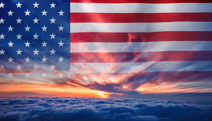 cloudy sky with beautiful sunset and ethereal USA flag blended into horizon