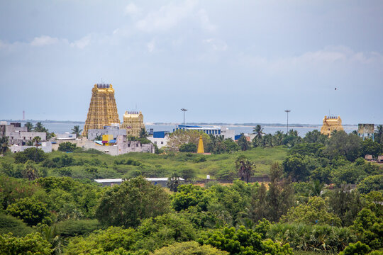 Aerial view of Ramanathaswamy Temple which is a Hindu temple dedicated to the god Shiva in Rameswaram, Tamil Nadu, India. Translation: Shiva Shiva in tamil language mean hindu god Shiva in English
