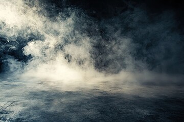 Obraz premium Dark room with a concrete floor and smoke in the background, for product presentation