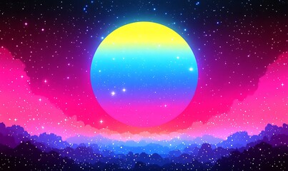 Fototapeta premium digital artwork background featuring a vibrant retro futuristic style centered around a large, glowing sun or planet with a gradient of colors ranging from deep pink to bright yellow