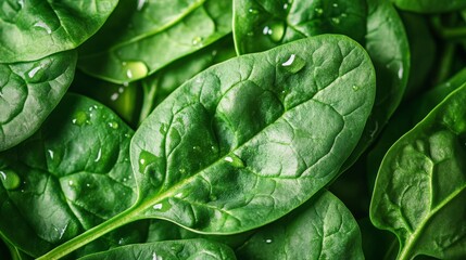 Fototapeta premium macro photography of vibrant spinach leaves, crystalline water droplets suspended on emerald surfaces, intricate leaf vein patterns, layered fresh greens composition, dramatic natural lighting,