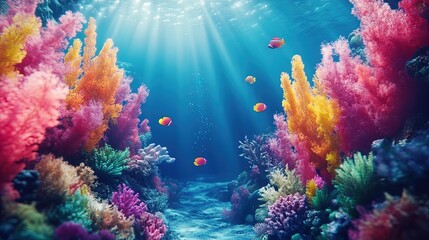 Fototapeta premium Underwater scene with coral reef and tropical fish, vibrant marine life 