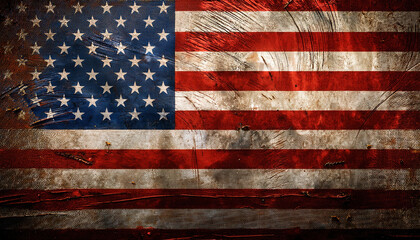distressed and weathered USA flag on metal surface evokes rugged outdoor themes