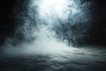 Dark room with a concrete floor and smoke in the background, for product presentation