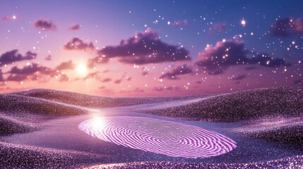 Naklejka premium Magical sunset over glittering desert with fingerprint reflection and starry sky
