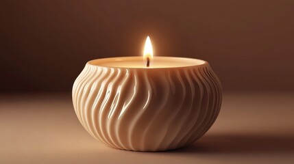 Lit beige candle with wavy texture on brown background.