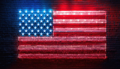 glowing neon style USA flag pattern on dark textured wall, ideal for bold and creative designs