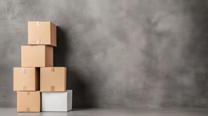 Stacked cardboard and white boxes display organized storage solutions against a smooth gray background, ideal for minimalistic decor