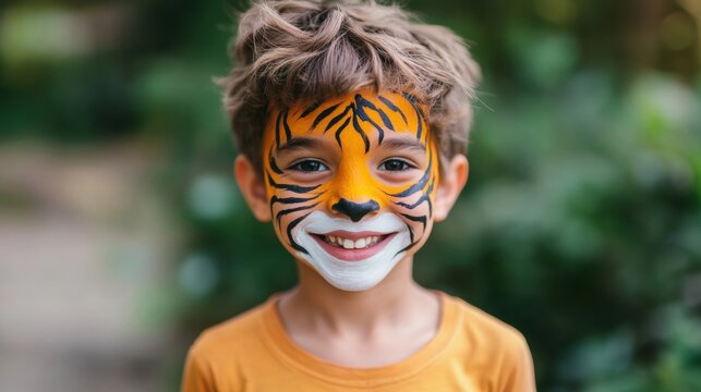 A joyful boy proudly displays his tiger face paint while enjoying a lively outdoor activity surrounded by nature - Powered by Adobe