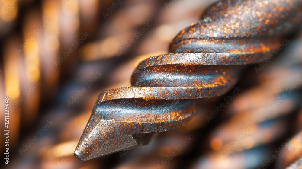 Poster detailed view of precision metal drill bits exhibiting rust and wear from industrial applications, h