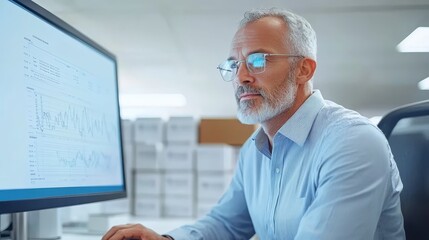 Man in glasses concentrated on computer work, a glimpse into modern productivity