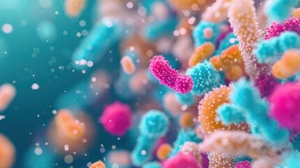 Fototapeta premium Intricate and colorful bacteria exhibit diverse shapes and patterns under high magnification, highlighting their unique features in a stunning view