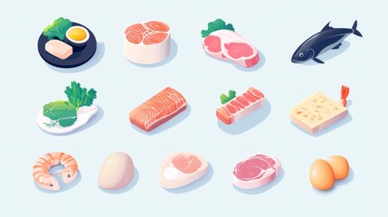 nutritional food icons display, isometric protein collection, vector meat cuts, seafood illustration, egg cross section, geometric composition, pastel color scheme, minimal shadow effects,