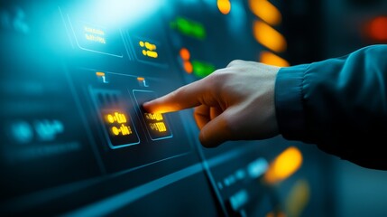 Closeup of a finger activating button on sleek touch screen display fingertip