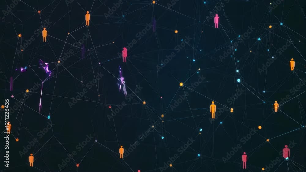 Poster dynamic digital network with vibrant nodes and moving connections
