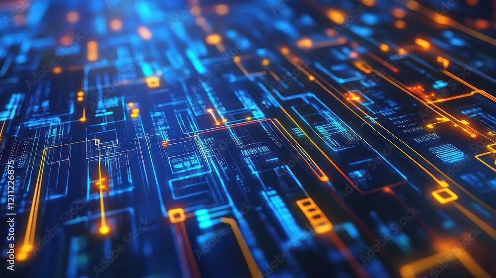 Poster abstract digital circuitry: a glowing network of data streams