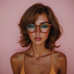 Stylish Woman with Retro Glasses  Pink Background Portrait