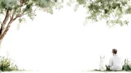 Serene moment: man and dog relaxing under a tree in watercolor art