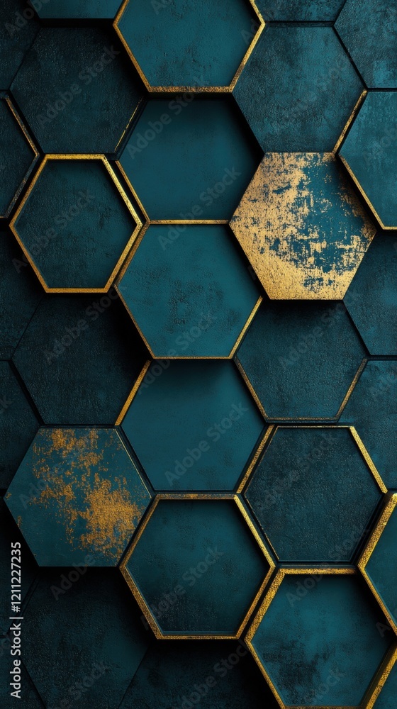 Poster abstract geometric design showcases a series of interconnected hexagons in teal and gold, producing 