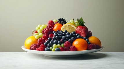 seasonal fruit presentation, circular rainbow arrangement, mixed berry cluster, fresh citrus assortment, organic produce display, white porcelain plate, balanced food composition, studio lighting,